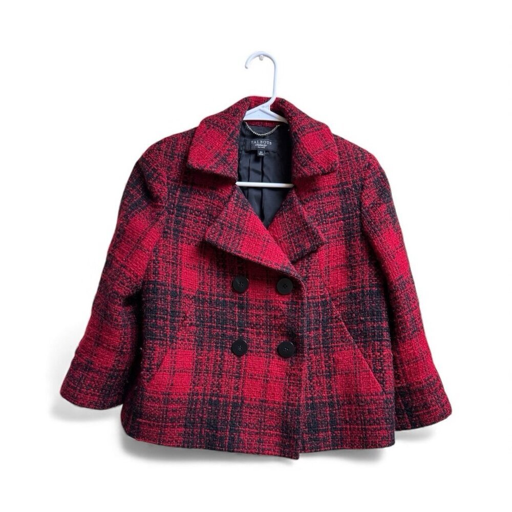 Talbots Petites Red Black Wool Blend Tweed Peacoat Jacket Size 4P